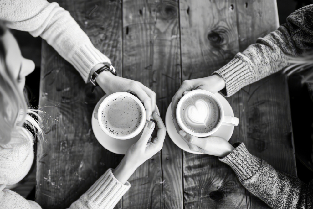 Due tazze di caffè su un tavolo di legno, in bianco e nero